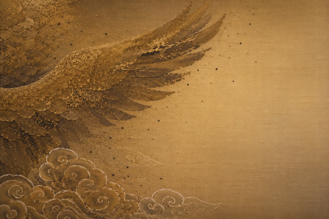 Large atmospheric gold-toned wall application with finely drawn detail