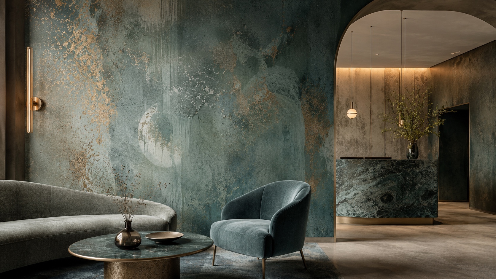 Refined hospitality lounge with an atmospheric teal, mineral and gold wall surface
