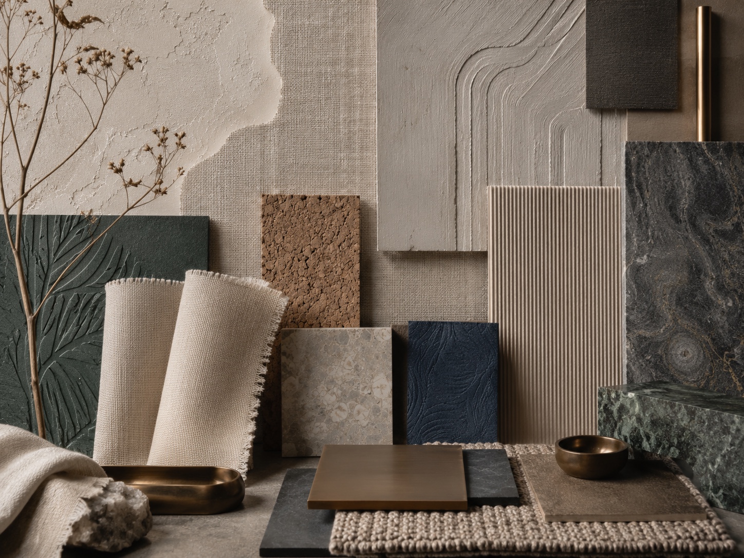 Curated composition of textile, plaster, cork, stone and metallic surface samples