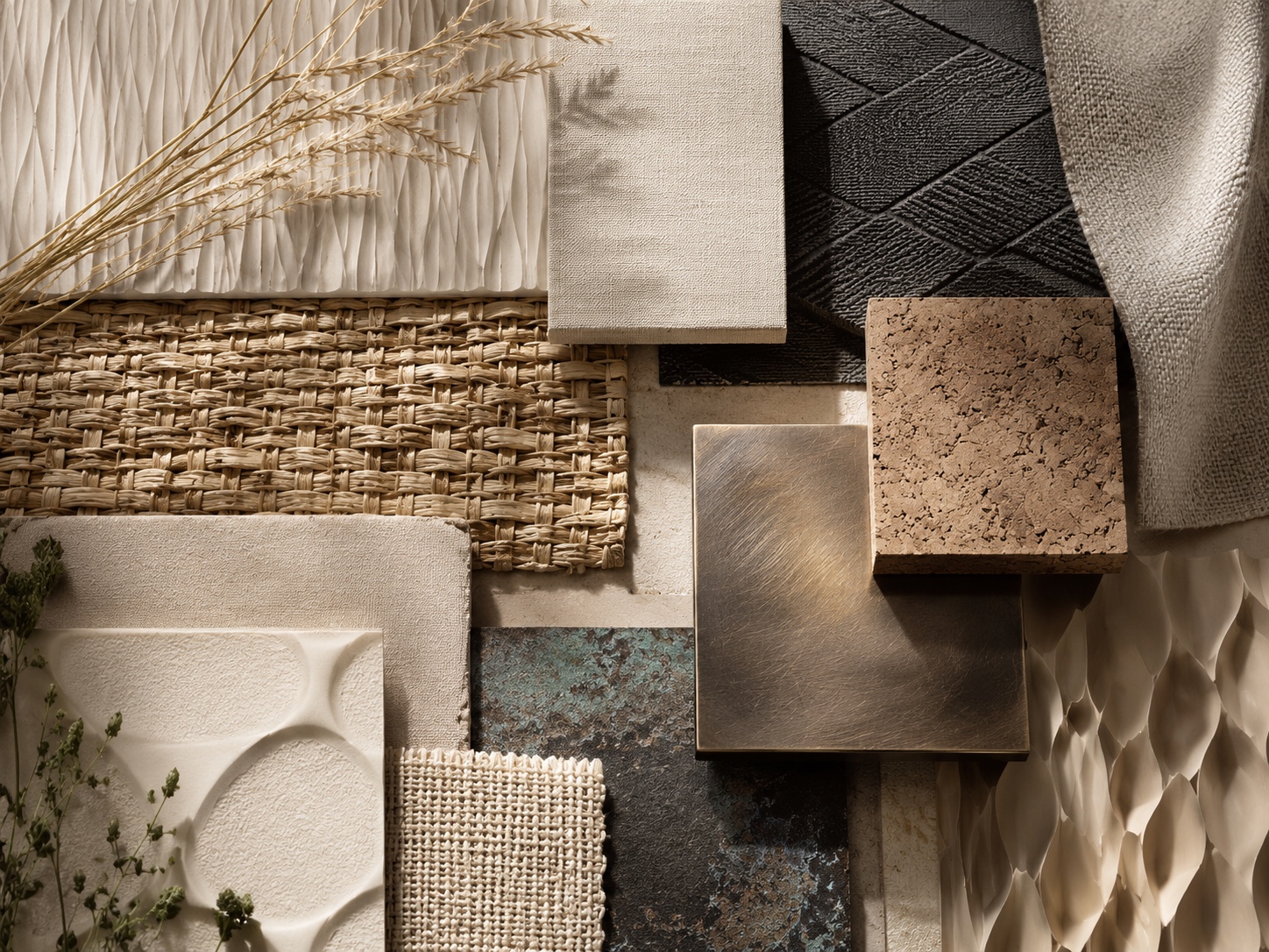 Detailed natural fiber, cork, textile, metallic and sculptural material studies