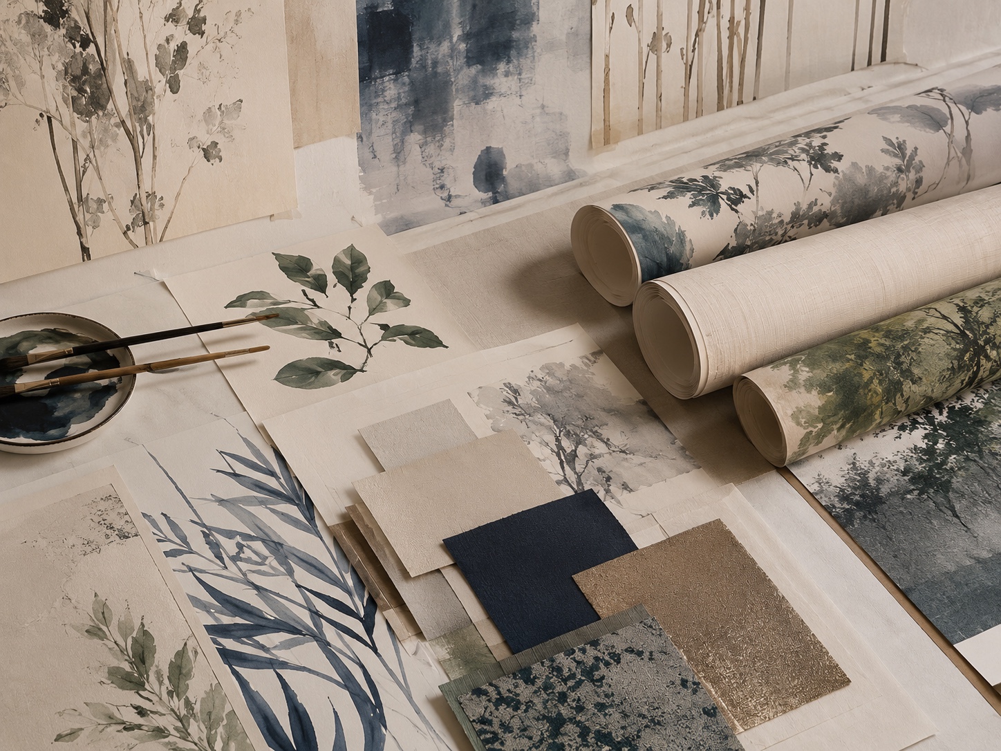 Botanical wallcovering studies, painted artwork and coordinated surface colors