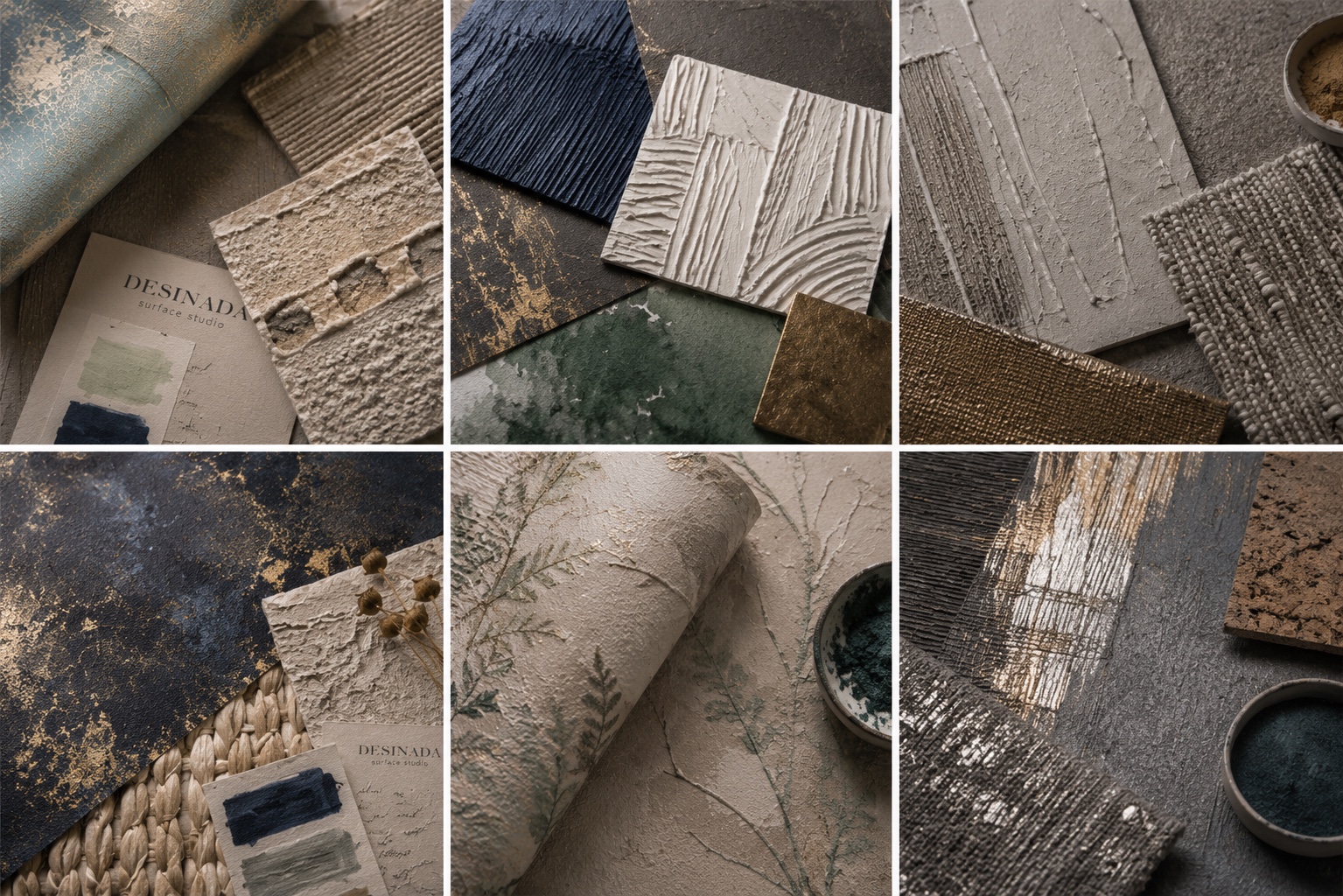 Surface library of plaster reliefs, woven fibers, metallic layers and hand-finished textures