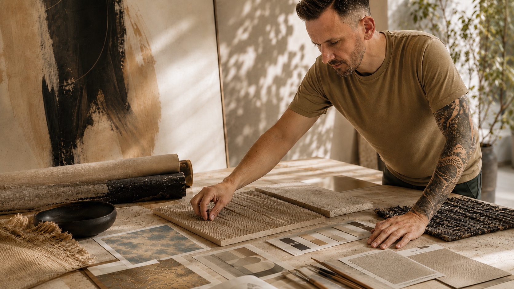 Sonny Wamback developing project-specific surfaces and material samples in the studio