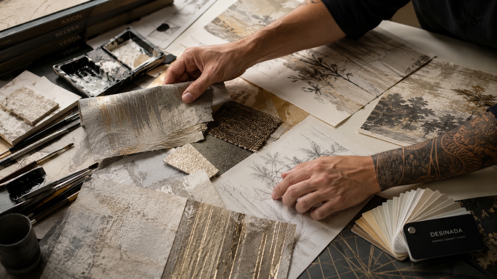 Hands selecting wallcovering structures, sketches and coordinated material samples at the studio table