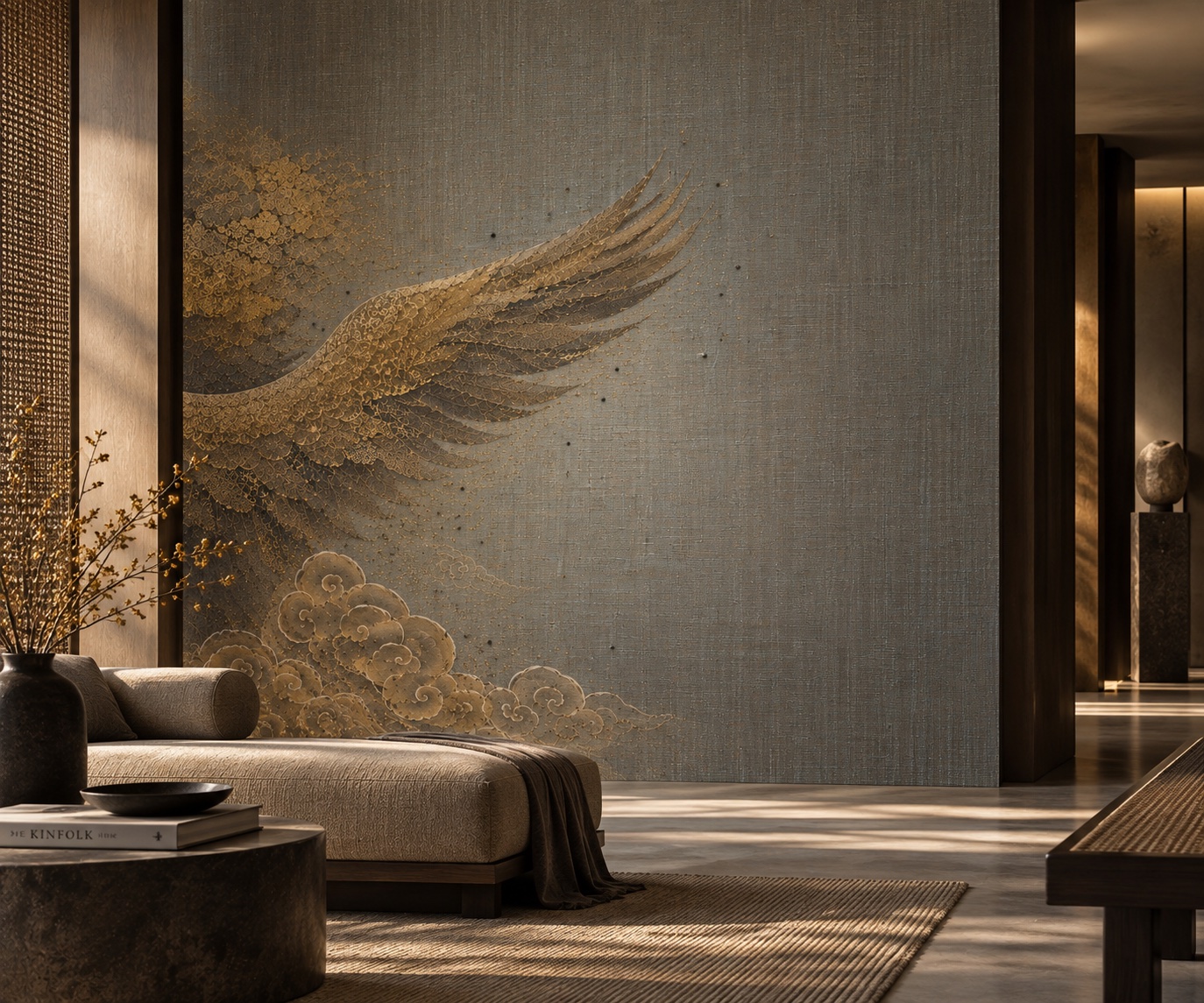 Ascend hand-painted silk wallcovering with a sweeping metallic wing composition