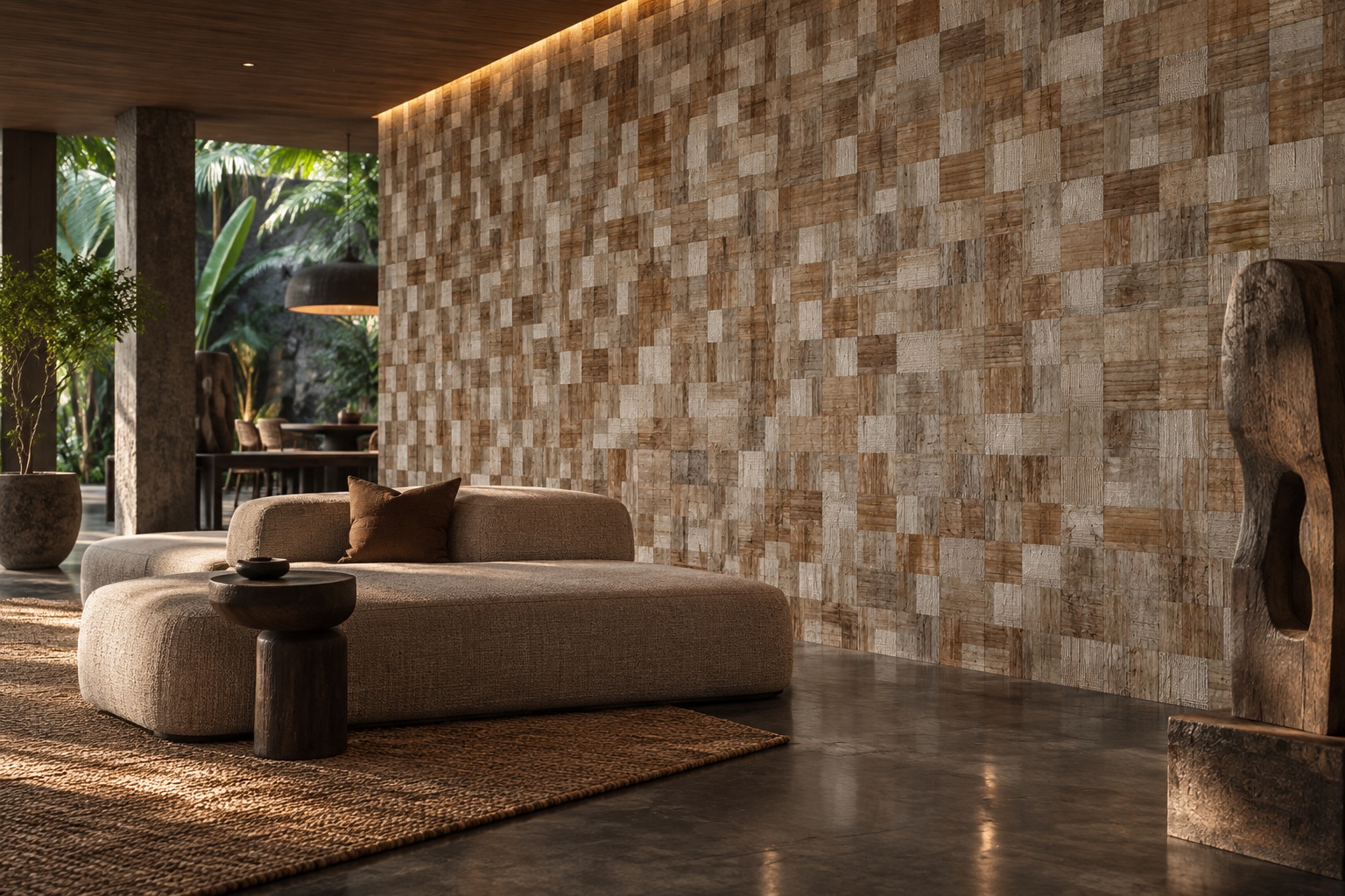 Musa banana leaf and bark wallcovering installed in a contemporary tropical hotel lounge