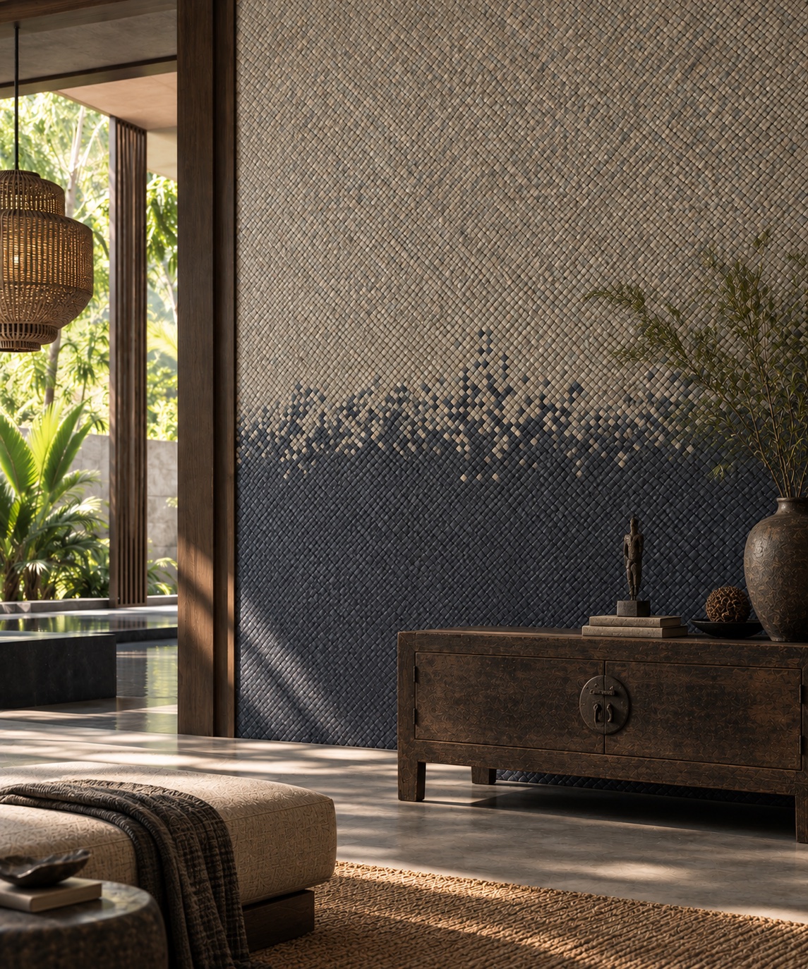 Tidefall handwoven pandanus wallcovering installed in a refined tropical interior