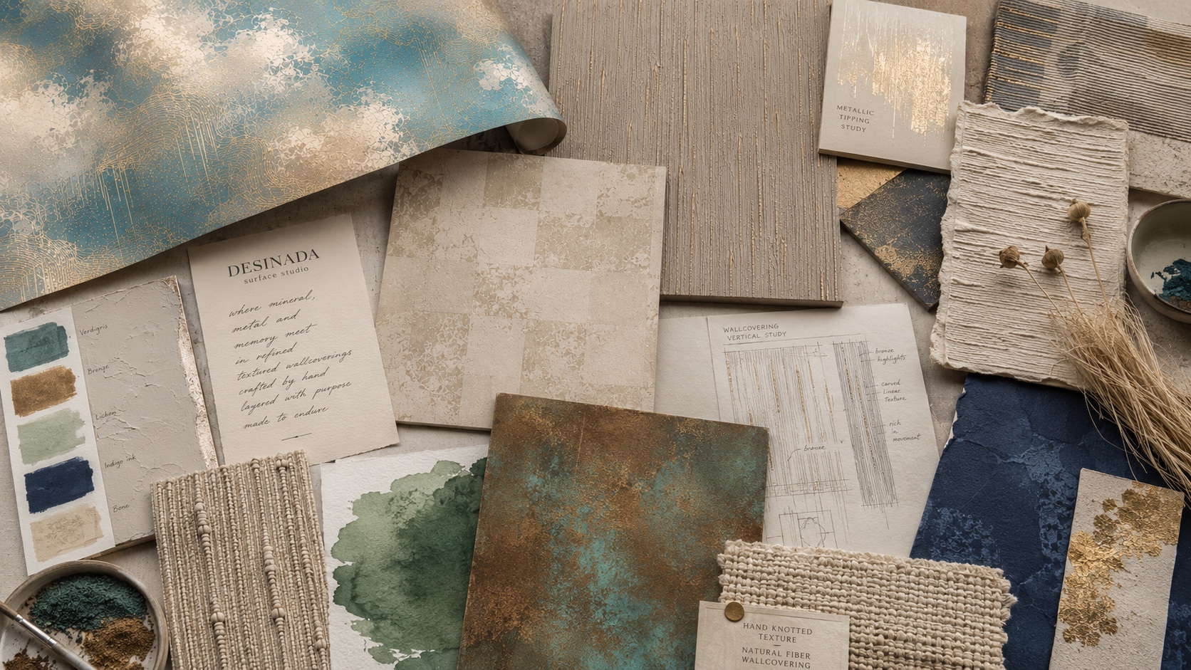 Working material flat-lay with wallcovering studies, natural fibers, metallic finishes and color notes